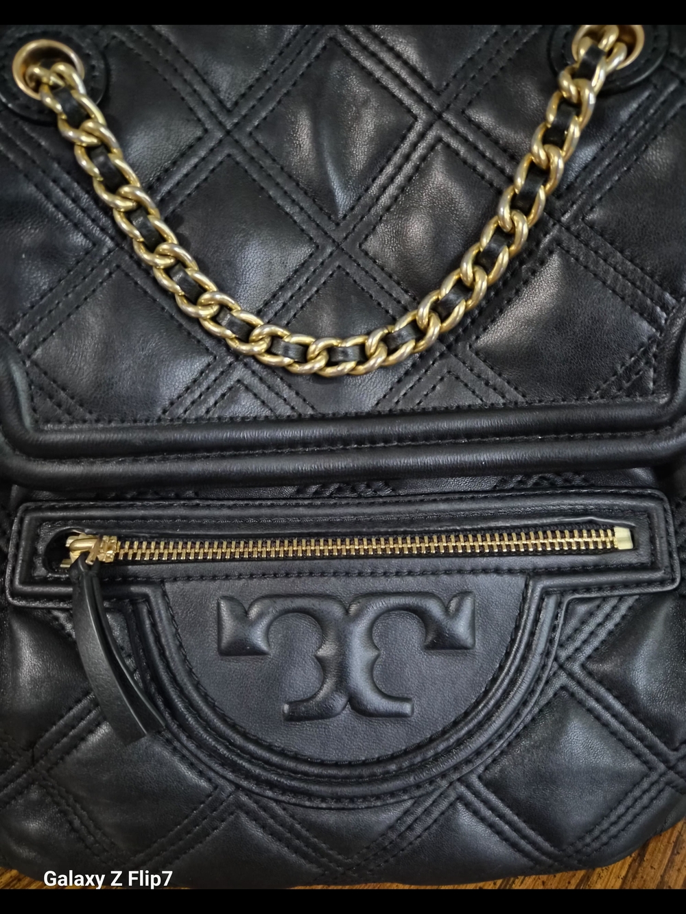 Tory Burch Black Quilted Lambskin Leather Backpack with Gold Chain